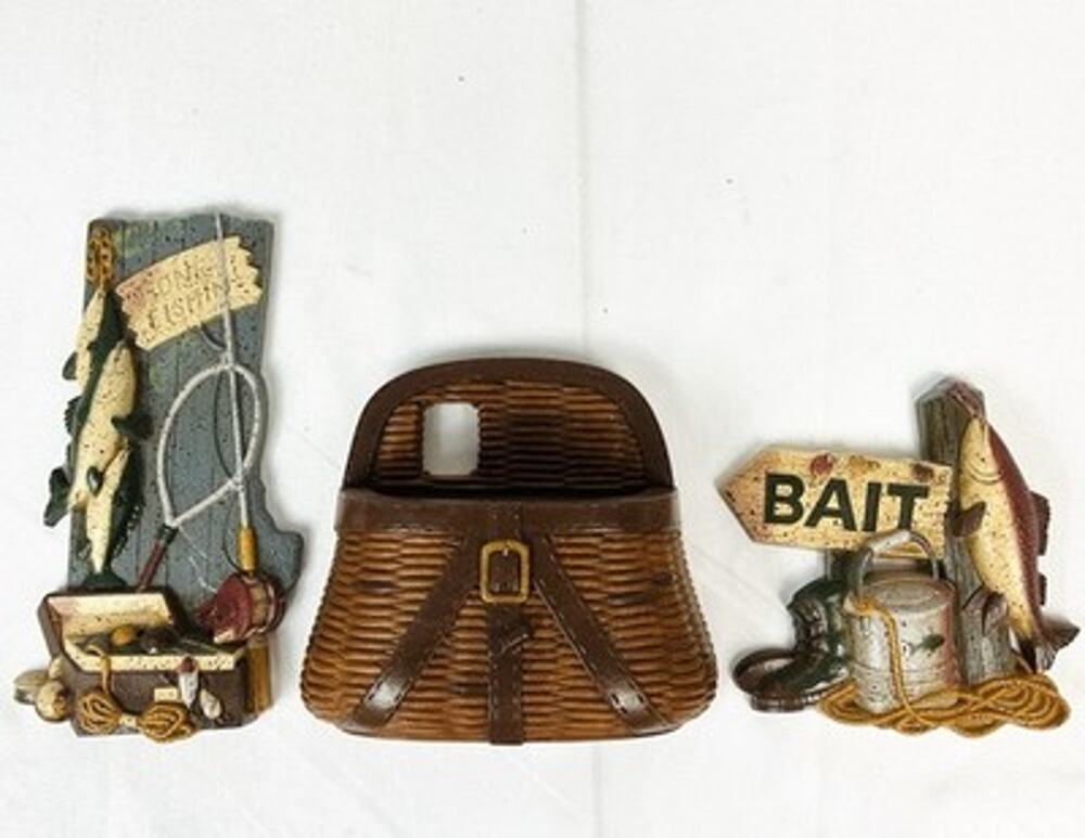 Vintage 1990s Fishing Wall Hangings Plaques Wall Pocket Home Interiors